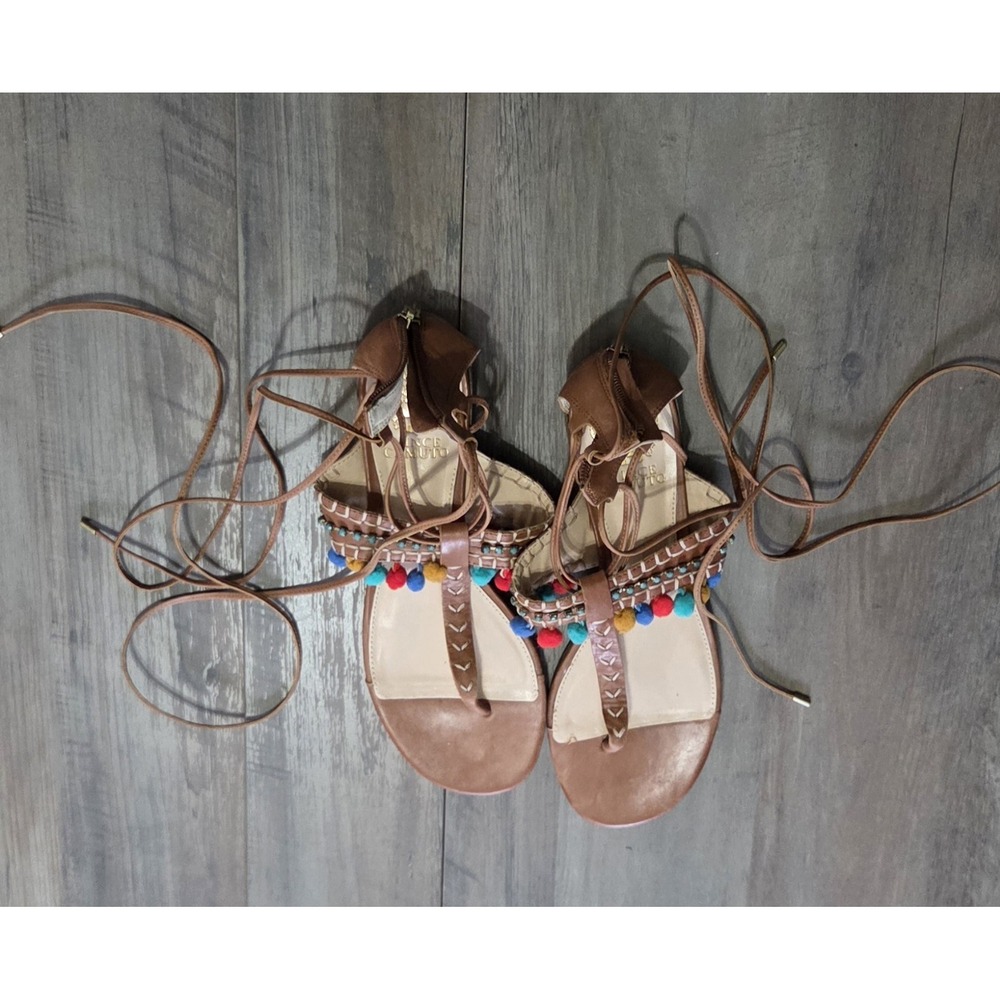 Vince Camuto Tan Balisa Pom Pom Leather Lace Up Zip Sandals Women 8.5